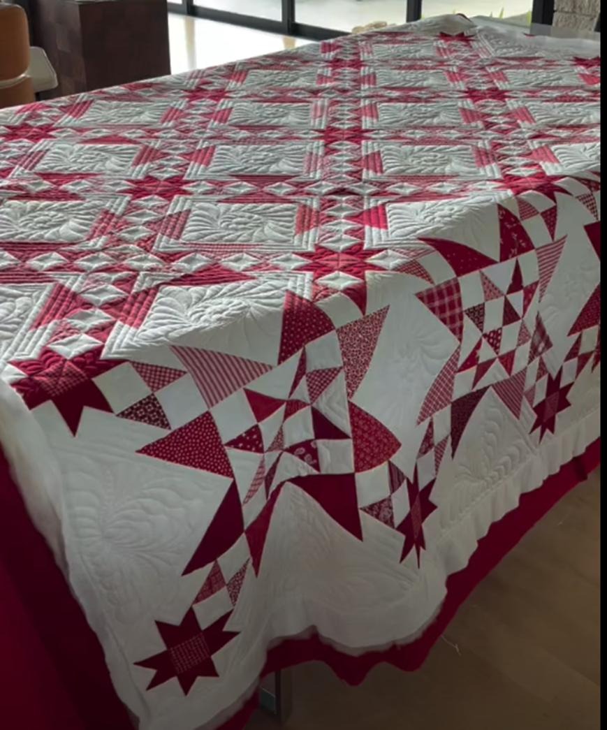 Classic red and white sampler with custom block-by-block quilting designs